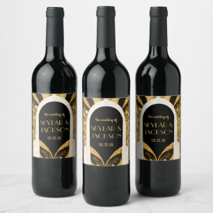 Elegant Black and Gold Art Deco Archway Wedding Wine Label