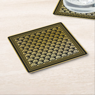 Elegant Black and Gold Art Deco Fan Pattern Party Square Paper Coaster