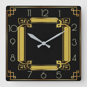 Elegant black and gold art deco square wall clock