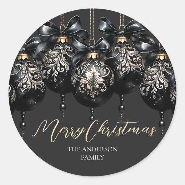 Elegant black and gold baubles luxury Christmas Classic Round Sticker (Front)