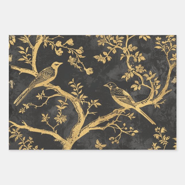 Elegant Black and Gold Birds Wrapping Paper Sheet (Front)