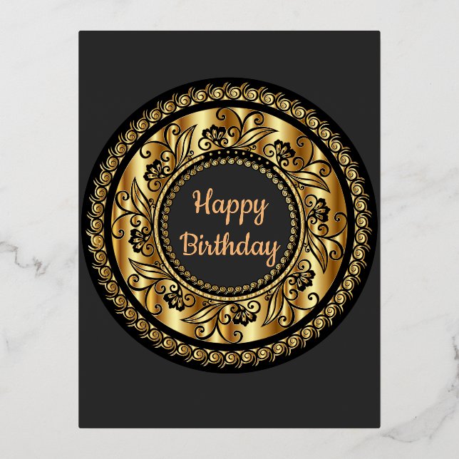 Elegant Black and Gold Birthday Foil Holiday Postcard (Front)