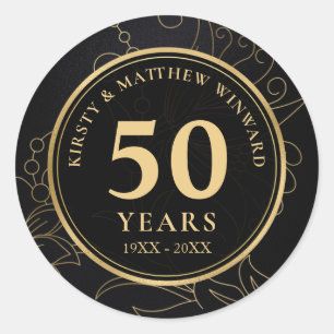 Elegant Black and Gold Botanical 50th Anniversary Classic Round Sticker