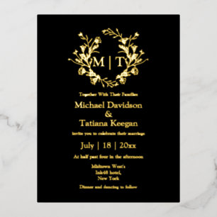 elegant black and gold botanical monogram wedding  foil invitation postcard