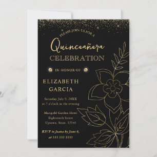 Elegant Black and Gold Botanical Quinceanera Invitation