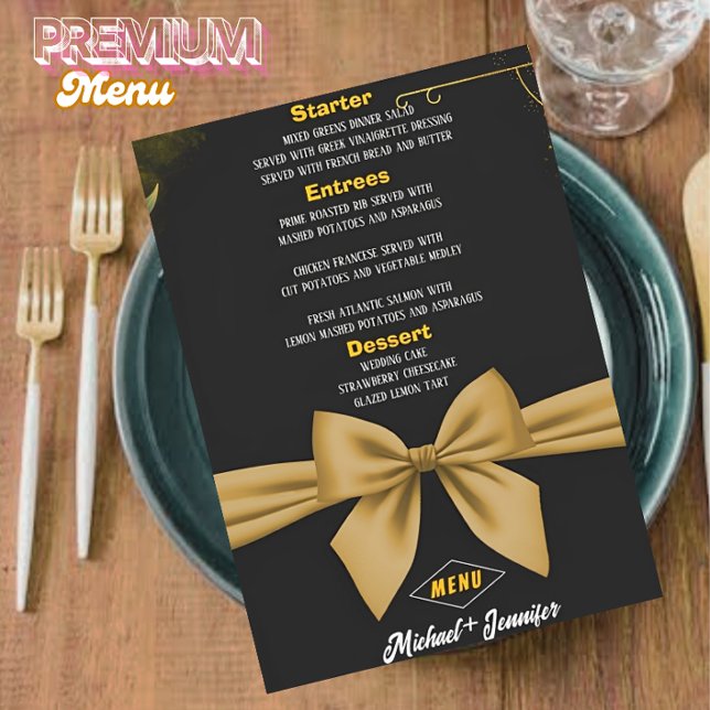 Elegant Black and Gold Bow Customisable Wedding  Menu (Creator Uploaded)