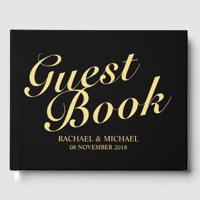 Elegant Black and Gold Calligraphy Wedding Guest Book (Front)