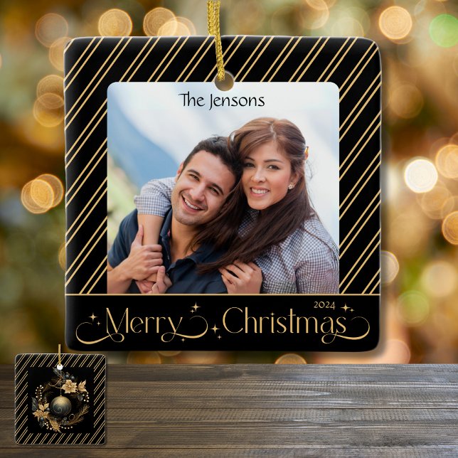 Elegant Black and Gold Christmas Photo  Ceramic Ornament (Creator Uploaded)