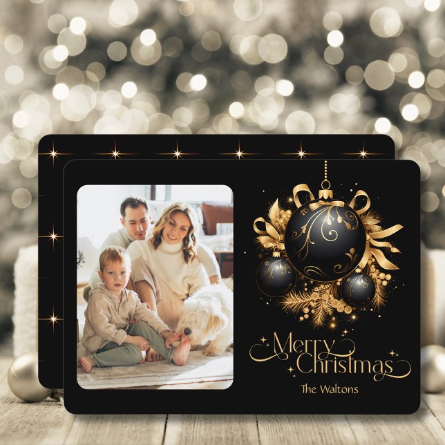 Elegant Black and Gold Christmas Photo  Holiday Card (Creator Uploaded)