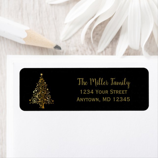 Elegant Black and Gold Christmas Tree Address Labe (Insitu)
