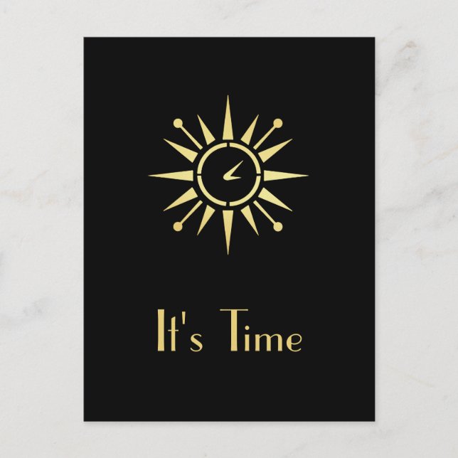 Elegant Black and Gold Clock Appointment Reminder Postcard (Front)