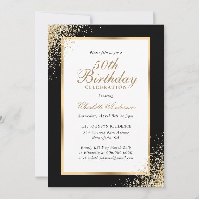Elegant Black and Gold Confetti 50th Birthday Invitation (Front)