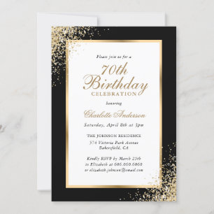 Elegant Black and Gold Confetti 70th Birthday Invitation