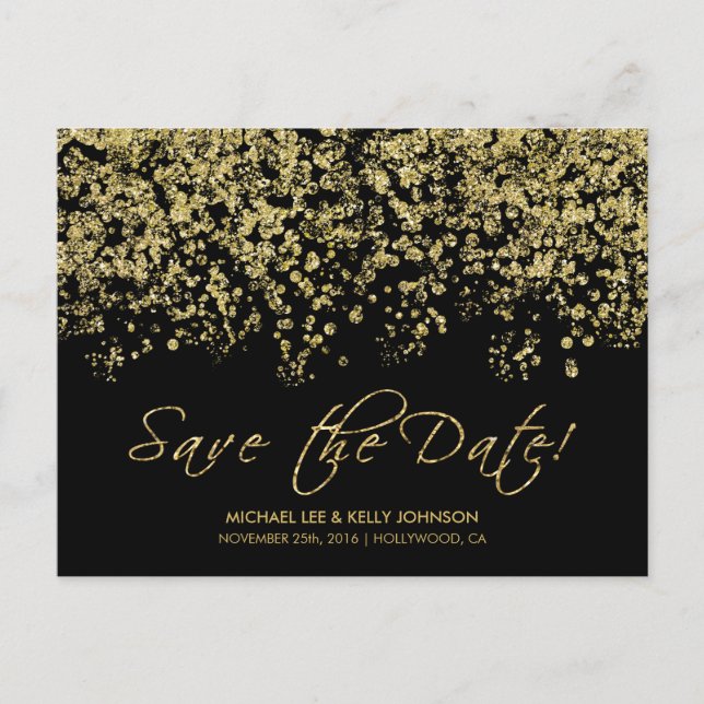 Elegant Black and Gold Confetti - Save the Date Announcement Postcard (Front)