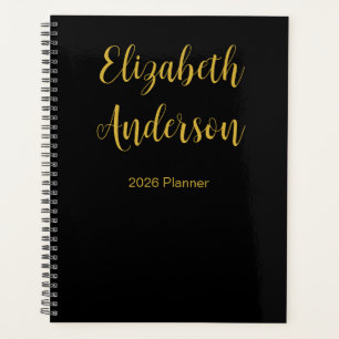 Elegant Black and Gold Cursive Script Name 2026 Planner