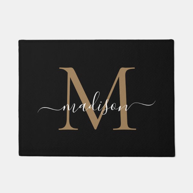 Elegant Black and Gold Custom Monogram Script Name Doormat (Front)