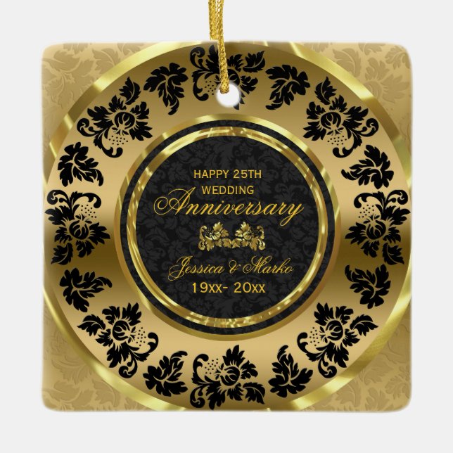 Elegant Black And Gold Damask 50th Anniversary Ceramic Ornament (Front)