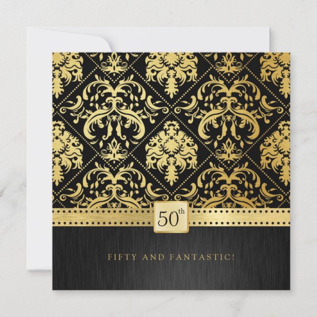 Elegant Black and Gold Damask 50th Birthday Invitation (Front)