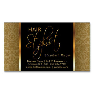 Elegant Black and Gold Damask Hair Stylist Magnetic Business Card