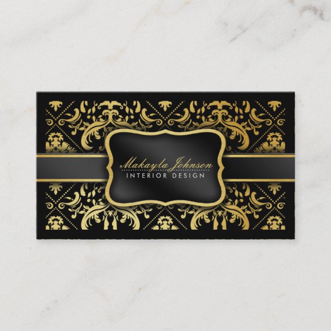 Elegant Black and gold Damask interior designer Business Card (Front)