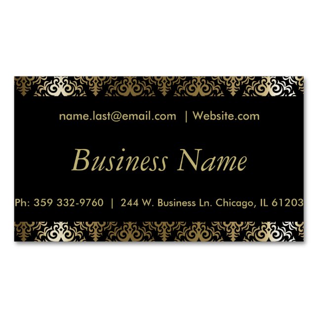 Elegant Black and Gold Damask Magnetic Business Card (Front)