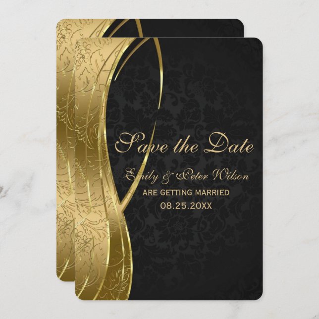 Elegant Black And Gold Damask-Save The Date Invitation (Front/Back)