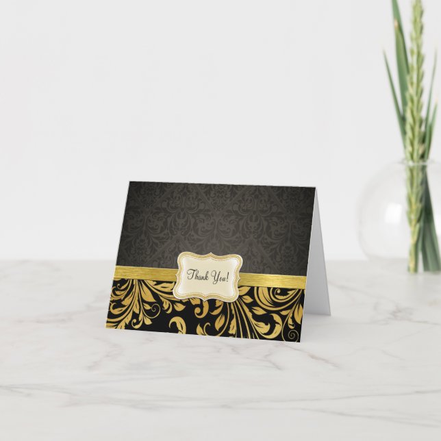 Elegant Black and Gold Damask Thank You Card (Front)