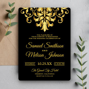 Elegant Black and Gold Damask Wedding Invitation