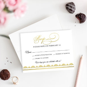 Elegant Black and Gold Damask Wedding RSVP Card
