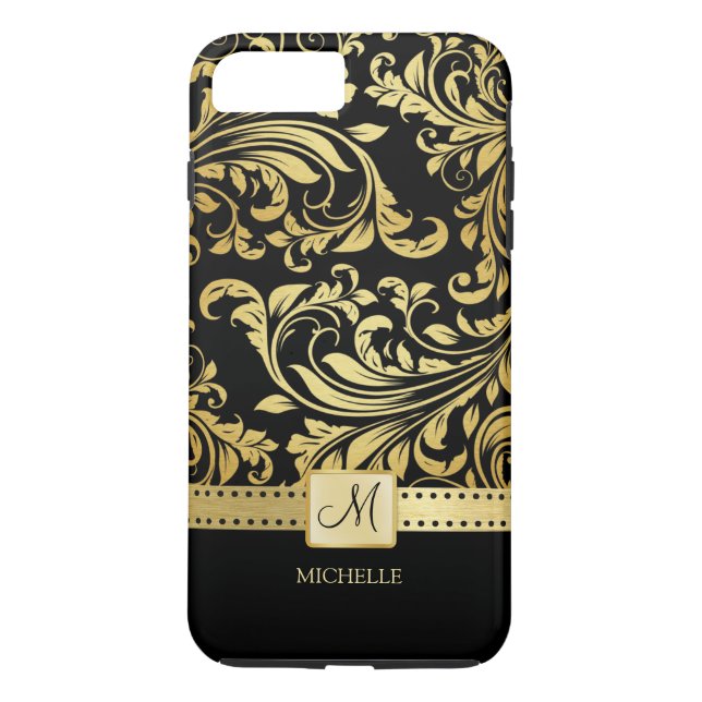 Elegant Black and Gold Damask with Monogram Case-Mate iPhone Case (Back)