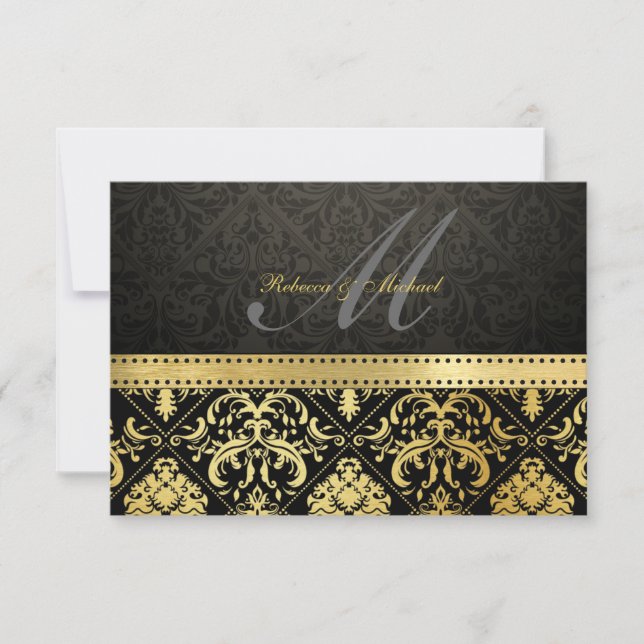 Elegant Black and Gold Damask with Monogram RSVP (Front)