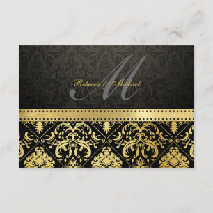 Elegant Black and Gold Damask with Monogram RSVP Card