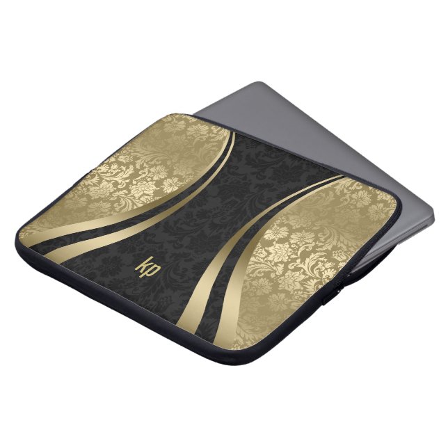 Elegant Black And Gold Damasks Dynamic Stripe Laptop Sleeve (Front Top)