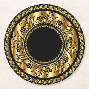 Elegant black and gold design round paper coaster