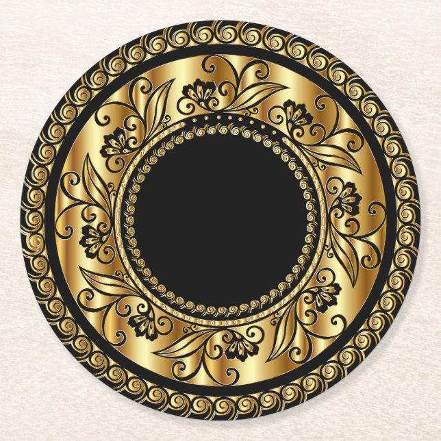 Elegant black and gold design round paper coaster (Front)