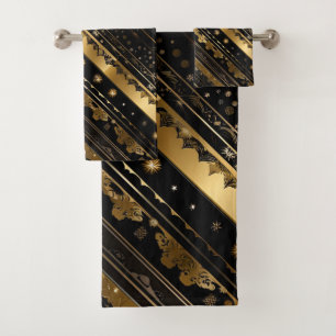 Elegant Black And Gold Diagonal Striped Bath Towel Set