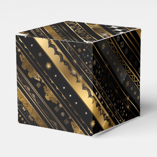 Elegant Black And Gold Diagonal Striped Cube Favor Box (Front Side)