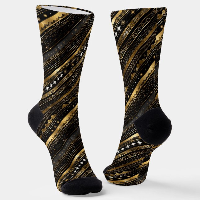 Elegant Black And Gold Diagonal Striped   Socks (Angled)