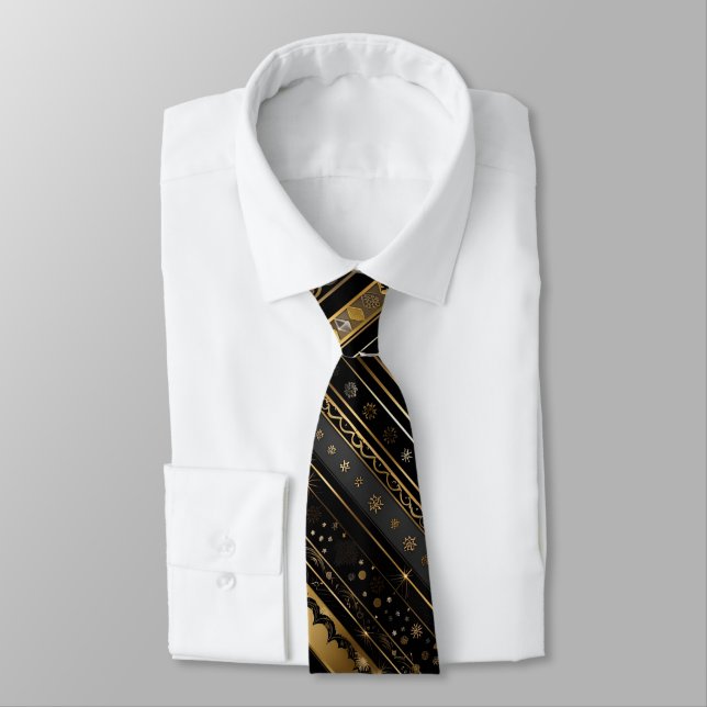 Elegant Black And Gold Diagonal Striped Tie (Tied)