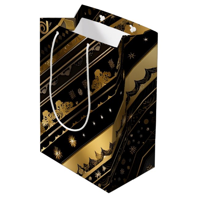 Elegant Black And Gold Diagonal Stripes Medium Gift Bag (Back Angled)