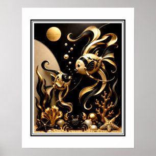 Elegant Black and Gold Fantasy Goldfish Ocean Art Poster