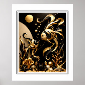 Elegant Black and Gold Fantasy Goldfish Ocean Art Poster