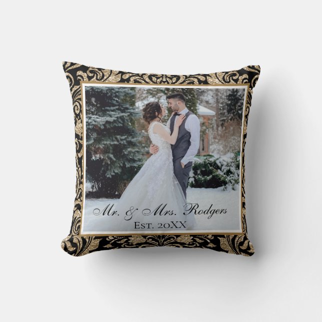 Elegant Black and Gold Faux Glitter Photo Wedding  Throw Pillow (Front)