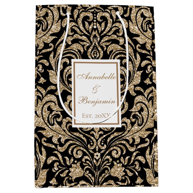 Elegant Black and Gold Faux Glitter Wedding Medium Gift Bag (Front)