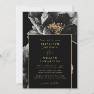 Elegant Black And Gold Floral Chic Wedding Invitation