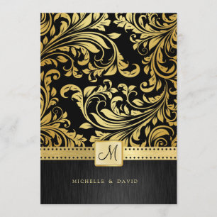 Elegant Black and Gold Floral Damask Invitation