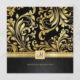 Elegant Black and Gold Floral Damask Reception Invitation