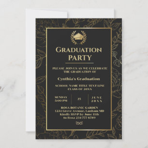 Elegant Black and Gold Floral Graduation Party Invitation