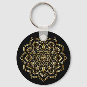 Elegant Black and Gold Floral Mandala Pattern Keychain