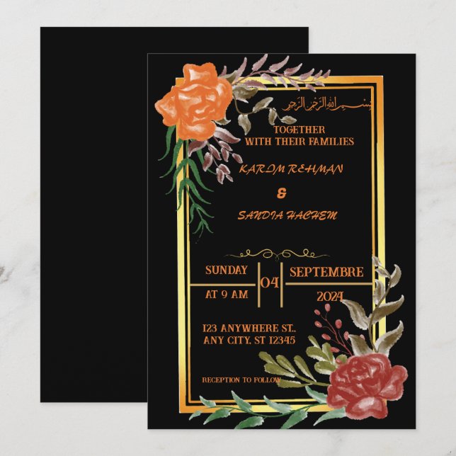 Elegant Black and gold floral Muslim Wedding Invit Invitation (Front/Back)